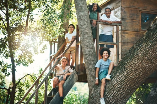 Preview: Shot of a group of teenagers standing next to a treehouse at summer camp