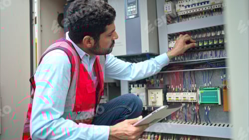 Preview: Electrical engineer inspects the electrical control board of a crane