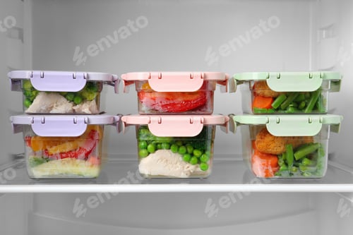 Preview: Boxes with prepared meals inside of refrigerator