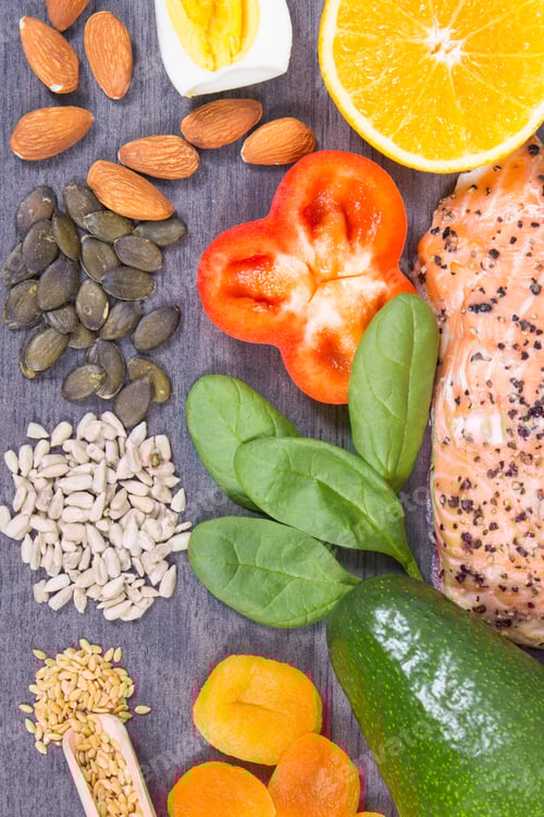 Preview: Various nutritious products or ingredients containing vitamins and minerals