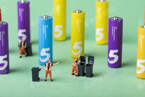 Preview: Selective focus shot of colorful batteries and waste collector toys - energy preservation concept