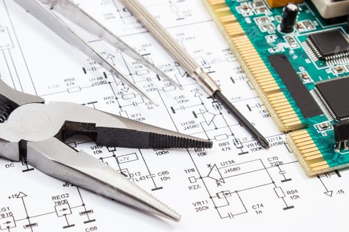 Preview: Circuit board with transistors, resistors, capacitor. Diagram of electronics and precision tools
