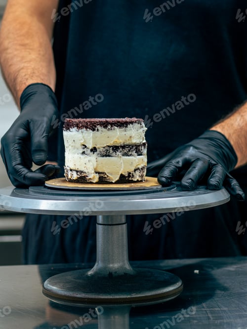 Preview: baker chef decorating cup cakes with cream and salty caramel using black gloves
