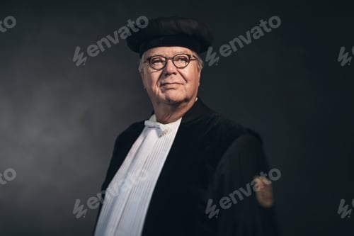 Preview: Portrait Of Serious Magistrate Wearing Traditional Historical Costume, Mature Man Standing In