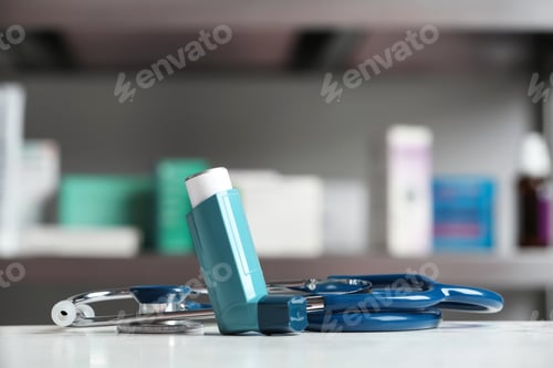 Preview: Asthma inhaler and stethoscope on table against blurred background