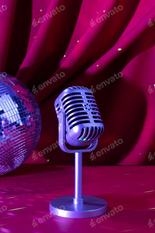 Preview: Retro microphone close-up with neon lights against the background of a red curtain.