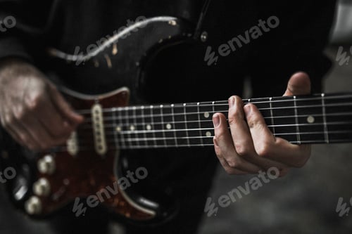 Preview: Hands Playing a Distressed Electric Guitar in Studio