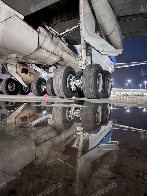 Preview: Close-up of airplane landing gear with reflection on wet tarmac at night.