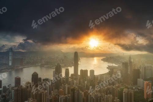 Preview: Aerial View of Hong Kong Cityscape on the sunrise time from the peak location
