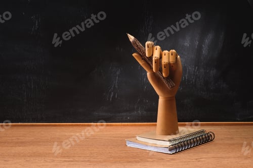 Preview: close up view of textbooks under wooden hand holding pencil on desk in front of chalkboard in school