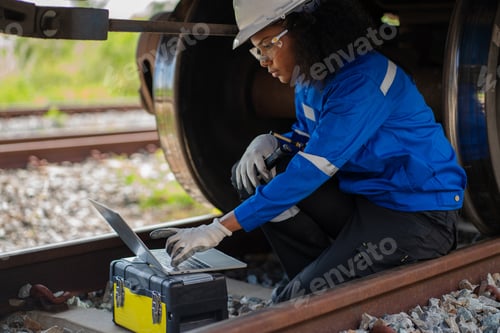 Preview: Engineer wearing safety uniform sitting on railway inspection.