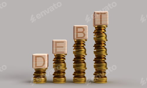 Preview: Wooden block cube square debt text font coin golden money wealth growth up business financial curren