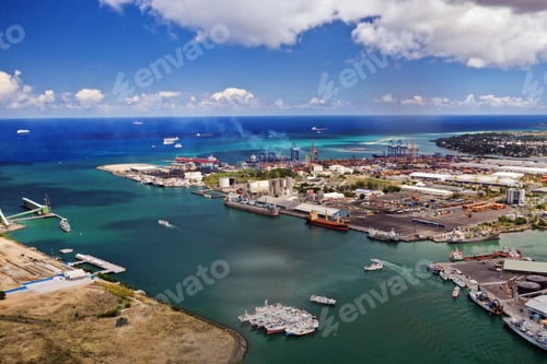 Preview: Aerial view of the port on the waterfront of PORT LOUIS, Mauritius, Africa
