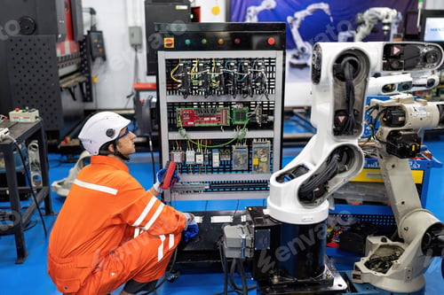 Preview: Engineer hold multimeter testing cable wiring robotic control panel at robot maintenance shop