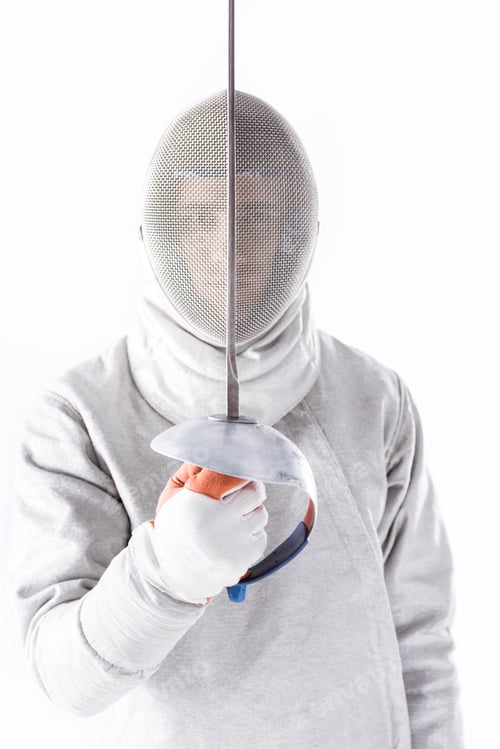 Preview: portrait of fencer in uniform holding rapier in hand isolated on white