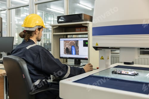 Preview: Engineer Working with Digital Microscope for Printed Circuit Board Quality Control Inspector