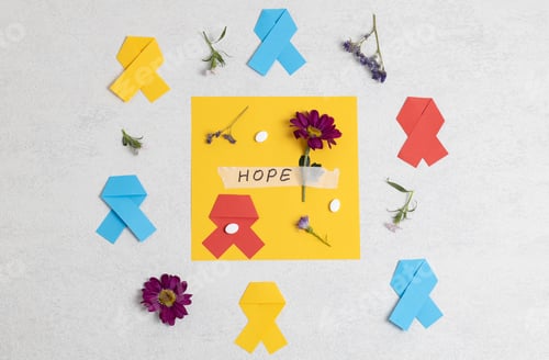 Preview: Multi-colored ribbons, flowers, the word hope and pills on stone.