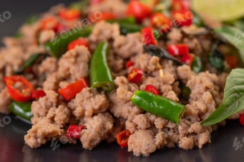 Preview: Stir-fried pork basil on banana leaves in a black dish.