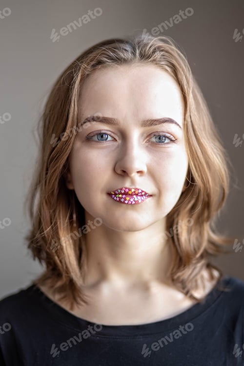 Preview: Portrait of a beautiful young smiling teenage girl with sequins on her lips