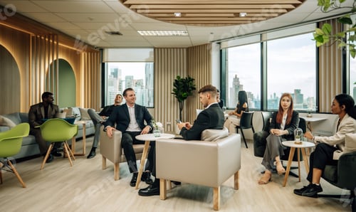 Preview: Diverse businesspeople collaborate at cozy conference, exchanging ideas and partnerships for growth
