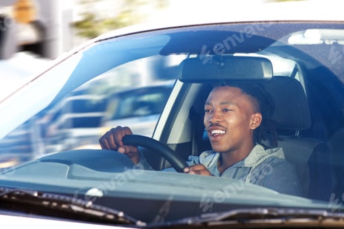 Preview: smiling african man driving car in city