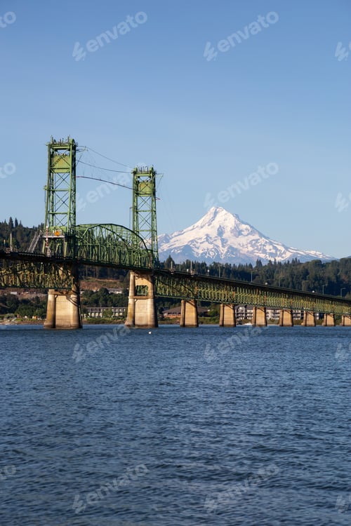 Preview: Hood River Bridge going over Columbia River with Mt Hood in the background