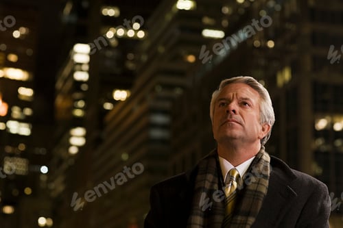 Preview: Mature man in contemplation amid city lights at night