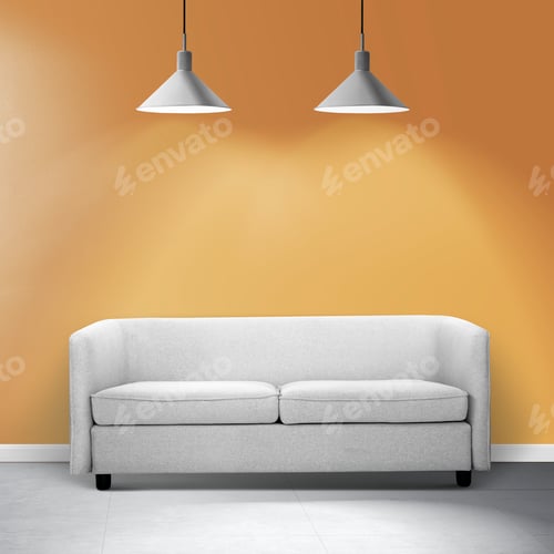 Preview: Minimalist Interior with Gray Sofa and Orange Wall