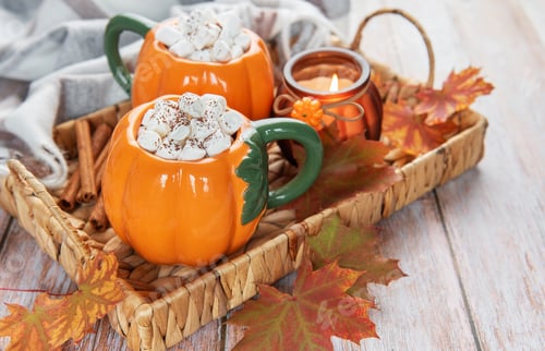 Preview: Pumpkin mugs with hot chocolate for autumn cozy warmth