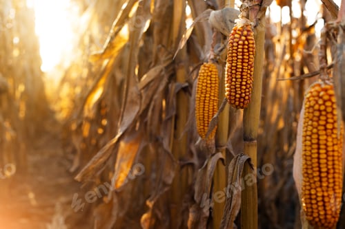 Preview: Dry corn stalks with cobs backlit by sun at fields autumn time