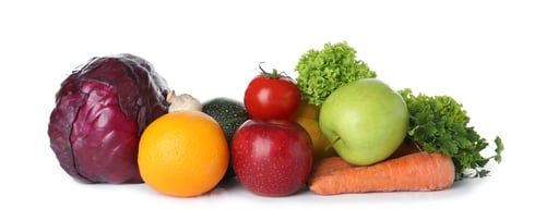 Preview: Pile of fresh fruits and vegetables isolated on white