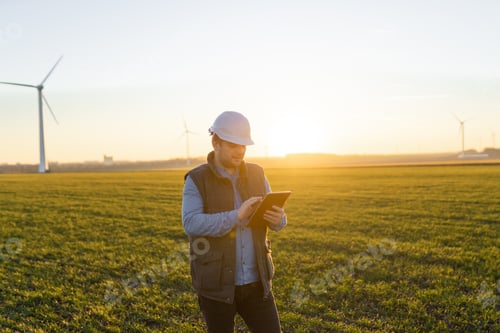 Preview: Businessman checking on wind turbine energy production