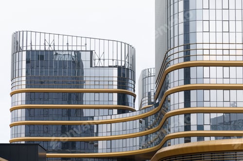 Preview: modern office complex made of glass and aluminum, gold finish, premium class, business concept