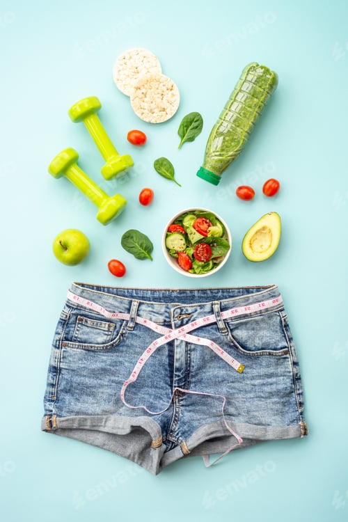 Preview: Diet food, healthy lifestyle and fitness background on blue.