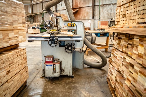 Preview: carpenter wooden plank factory, furniture workshop at wood work industry manufacturing warehouse
