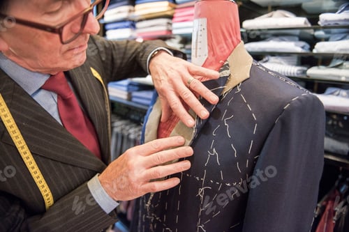 Preview: Tailor preparing bespoke suit jacket on tailors dummy