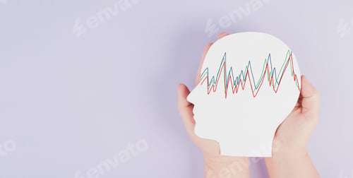 Preview: Holding a head in the hands, epilepsy disorder awareness, brain waves,mental health care, paper cut