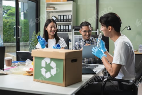 Preview: Business people working examining waste recyclable separation divided bin in the office,