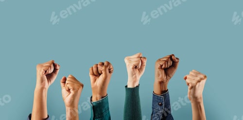 Preview: Raised Fists Symbolizing Unity and Empowerment on Blue
