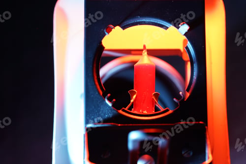 Preview: Closeup of an old broken camera with burnt-out candles on it against a blurry background