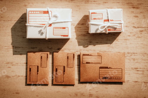 Preview: Pile of letters and box parcel. post office concept. top view and flat lay background.