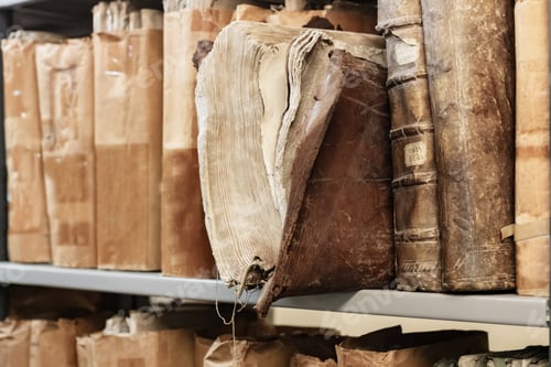Preview: Old worn 17th century books on a shelf in the library's shelfs