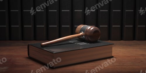 Preview: Judge gavel and law book, office desk background. 3d illustration