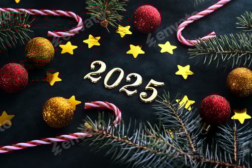 Preview: New Year 2025 background. Number of the coming year in Christmas decoration.