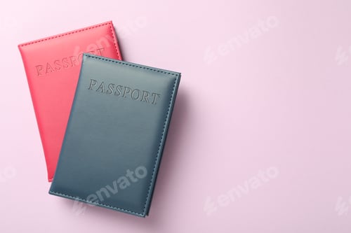 Preview: Passports in color covers on pink background, top view. Space for text