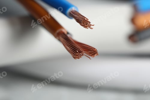 Preview: Colorful electrical wires on blurred background, closeup