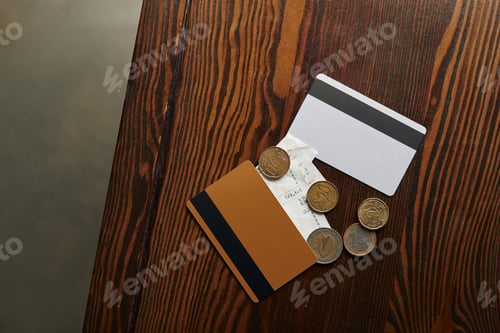 Preview: top view of credit cards, coins, cheque on wooden table