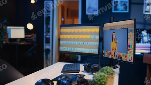 Preview: Empty multimedia creative studio with photo editing software on PC display