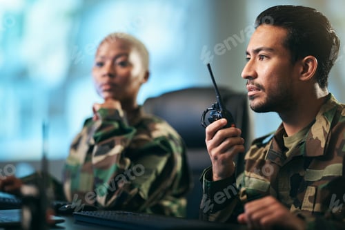 Preview: Walkie talkie, army and military team at the station with computer giving directions. Technology, c