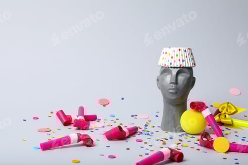 Preview: Happy birthday concept with ancient head on white background